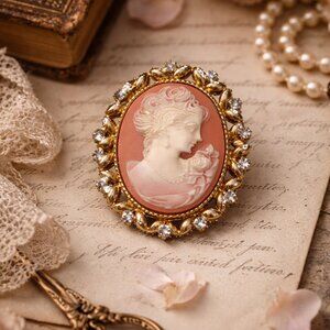 Vintage Victorian Ornate Filigree Cameo Brooch With Rhinestones